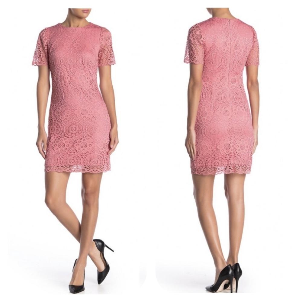 Laundry by Shelli Segal Lace Sheath Mini Dress Vintage Rose Pink 14 Petite - Picture 3 of 10